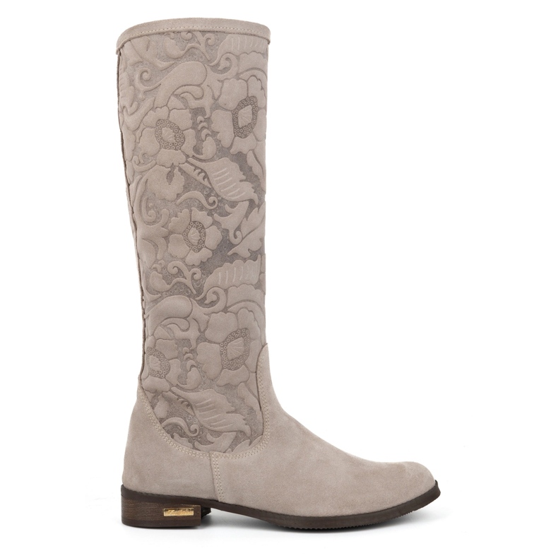 Olivier Botas de mujer de ante confeccionadas en piel natural con flores Emma grabadas, beige Olivier Botas de mujer de ante confeccionadas en piel natural con flores Emma grabadas, beige