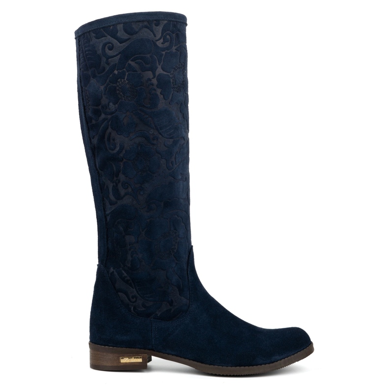 Olivier Botas de mujer de ante confeccionadas en piel natural con flores Emma grabadas, azul marino