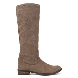Olivier Botas de mujer de ante confeccionadas en piel natural con flores Emma grabadas, beige oscuro