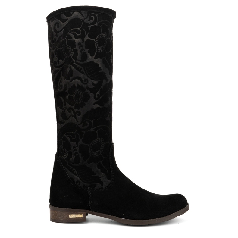 Olivier Botas de mujer de ante fabricadas en piel natural con flores Emma grabadas, negro