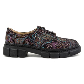 Olivier Zapatos de mujer de piel con suela gruesa, flores 1134, turquesa multicolor