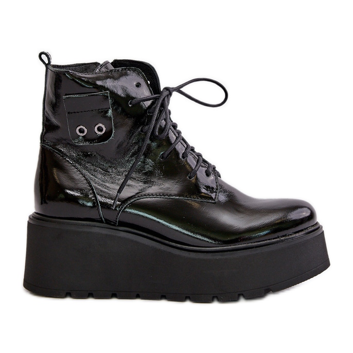 Zazoo 60499 Botas De Mujer Charol Con Plataforma Y Cuña Cálidas Piel Natural Verde Oscuro negro