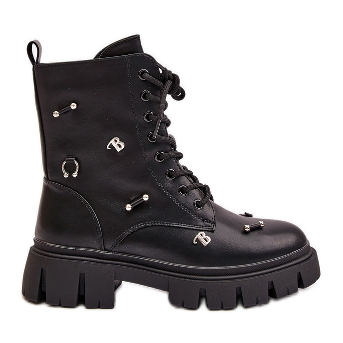 Botas Obreras Mujer Con Adornos, Piel Ecológica, Cadenilla Negra negro