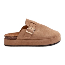 Zuecos de Mujer con Plataforma y Hebilla Dorada, Terilaina Beige Oscuro