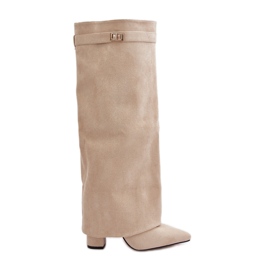 Botas De Mujer De Ante Ecológico Con Parte Superior Vuelta Y Tacón Alto Beige Bralise