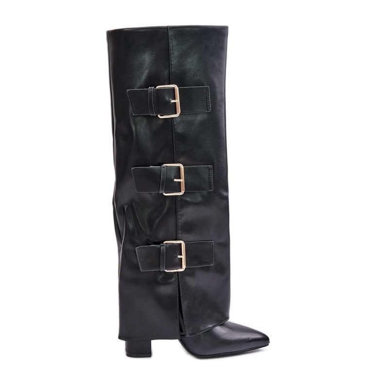 Botas aislantes de tacón alto para mujer con parte superior vuelta y hebillas, Black Pyregonia negro Botas aislantes de tacón alto para mujer con parte superior vuelta y hebillas, Black Pyregonia negro