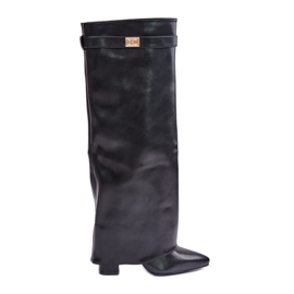 Botas De Mujer De Piel Ecológica Con Tacón Vuelto, Negro Avamora