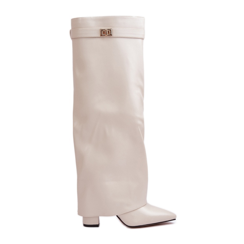 Botas de mujer de piel ecológica con parte superior vuelta y tacón alto beige claro Avamora