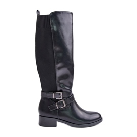 Botas Planas Por Encima De La Rodilla Con Hebillas Para Mujer, Negro Lotina