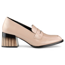 Zapatos de mujer beige charol con tacón bajo y cómodo