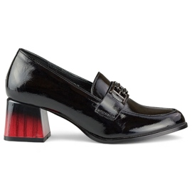 Zapatos de charol negro con tacón cómodo, salones de mujer.