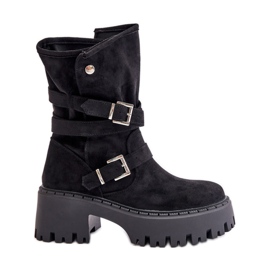 Botines negros de mujer con tacón enorme, hebillas y correa Nerelisa Botines negros de mujer con tacón enorme, hebillas y correa Nerelisa