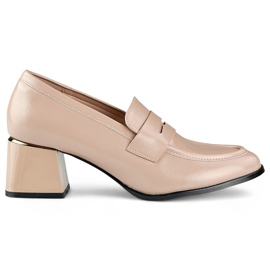 Zapatos beige charol con tacón bajo y cómodo, elegantes zapatos de tacón beige