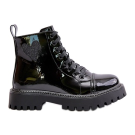 Botines de mujer de charol con cremallera y corazón decorativo negro Obeena