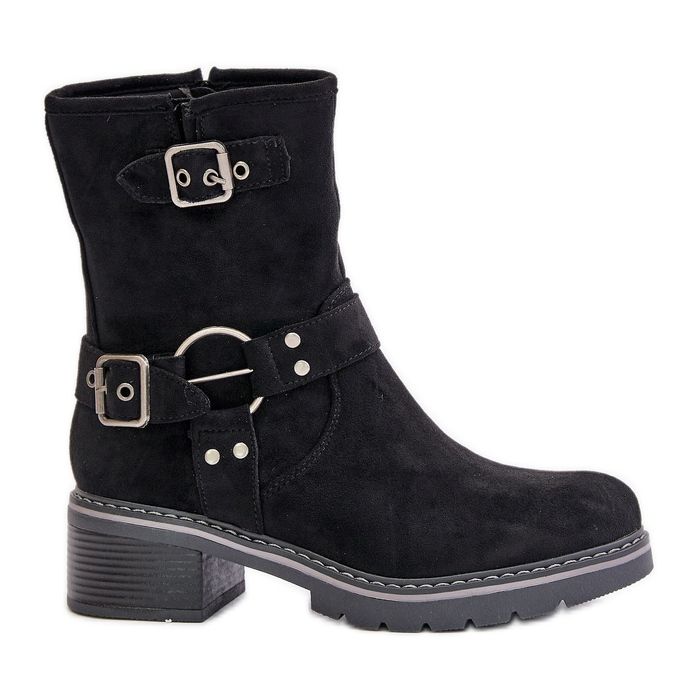 Botas De Mujer Tacón Bajo Con Hebillas Negro Zudra