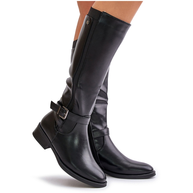 Botas de mujer con tacón plano aislado y hebilla dorada, Negro Arsisna