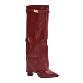Botas de mujer de piel ecológica con parte superior vuelta y tacón alto, burdeos Avamora rojo
