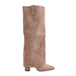 Botas de mujer Kaithena beige con parte superior vuelta y tacón alto