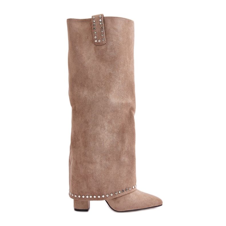 Botas de mujer Kaithena beige con parte superior vuelta y tacón alto Botas de mujer Kaithena beige con parte superior vuelta y tacón alto