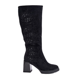 S.Barski Botas calentadas por encima de la rodilla para mujer decoradas con tacón alto MR880-158 negro
