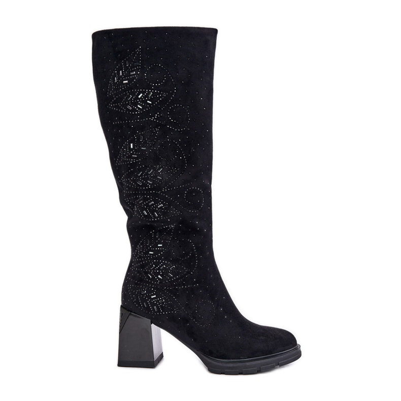 S.Barski Botas calentadas por encima de la rodilla para mujer decoradas con tacón alto MR880-158 negro