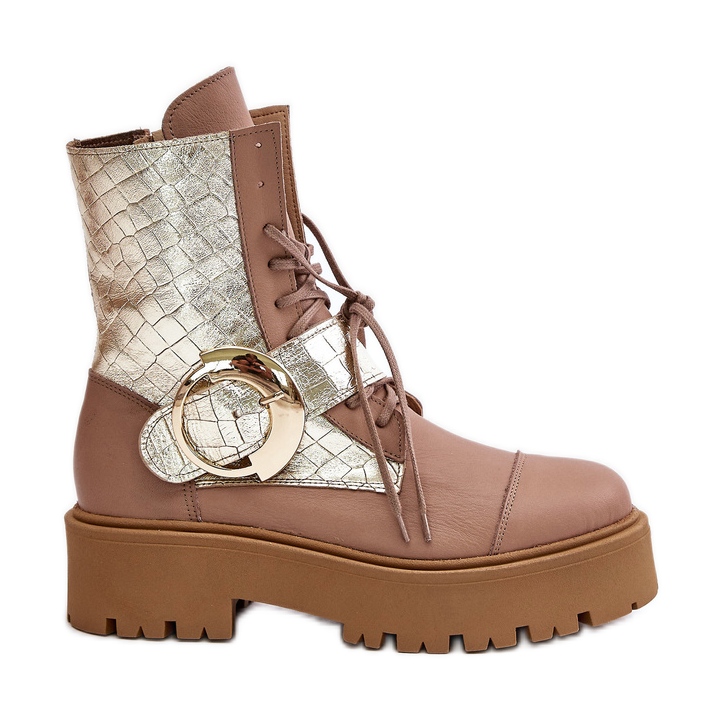 Zazoo 2942 Botines Obreros De Piel Con Hebilla Dorada, Beige