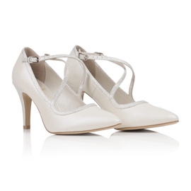 BUTDAM Zapatos de novia, tacones de baile con tiras cruzadas, crudo perla beige