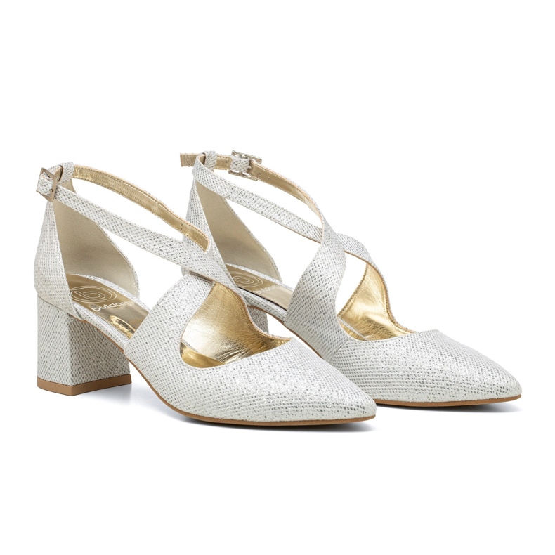 BUTDAM Zapatos de novia de tacón bajo y tiras Alba con purpurina plateada plata