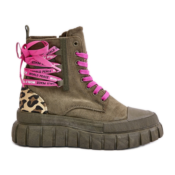 Botas De Mujer Con Plataforma Y Cordones Decorativos, Leopardo Verde Edidda