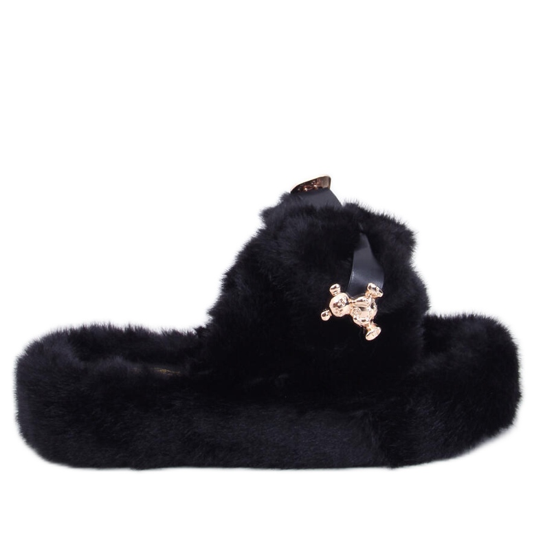Burano Pantuflas de pelo negro con lazo y osito