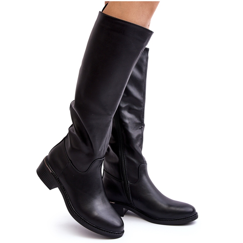 Diamantique Botas de agua plana para mujeres frente a la rodilla de rodilla negra negro