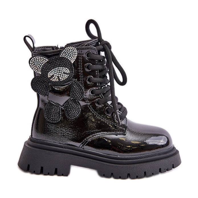 Botines de niña aislantes con osito y cremallera, charol negro Relobia