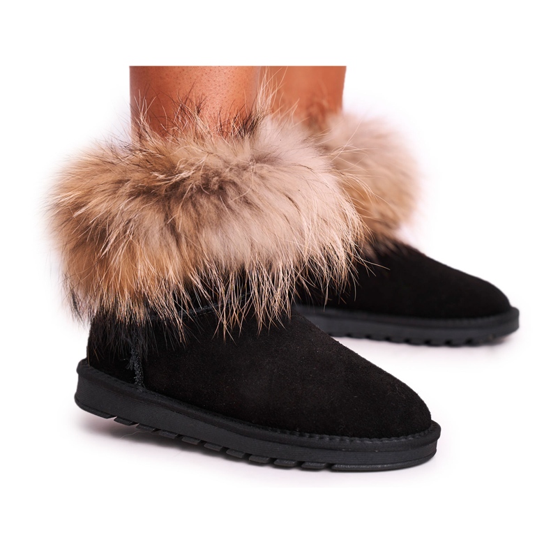 Botas de nieve de cuero Mukluki para mujer con piel de zorro de nieve Negro
