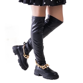Botas planas negras con cadena de Aruen negro Botas planas negras con cadena de Aruen negro