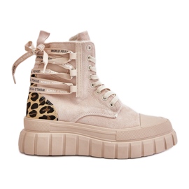 Botas De Mujer Con Plataforma Y Cordones Decorativos, Leopardo Beige Claro Edidda