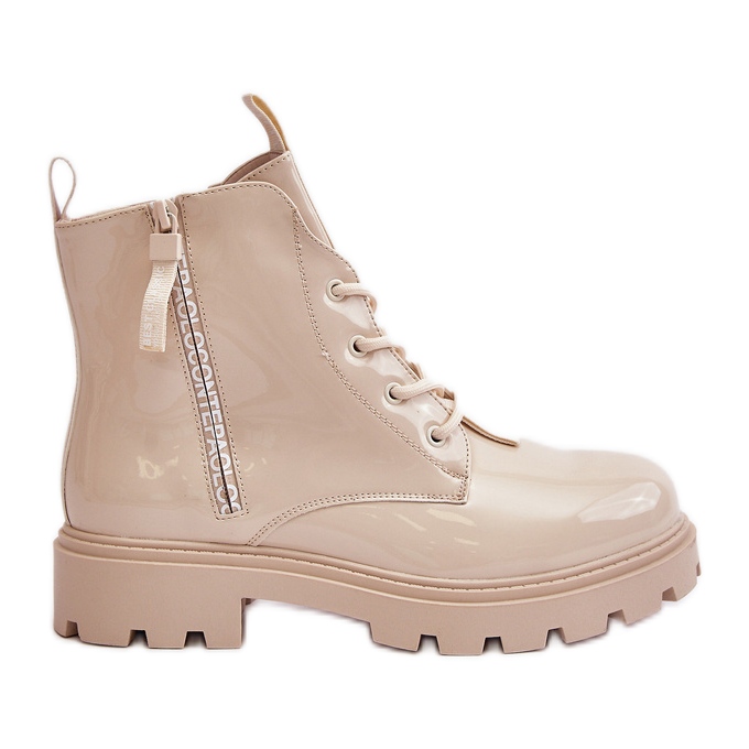 Botas Charol De Mujer, Aislante, Con Inscripciones Beige, Zinfreya