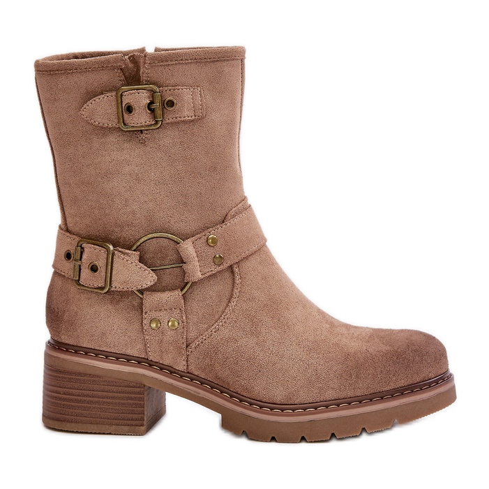 Botas de mujer de tacón bajo con hebillas, beige oscuro Zudra Botas de mujer de tacón bajo con hebillas, beige oscuro Zudra