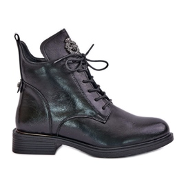 Botines aislantes de tacón plano con decoración, Negro Leonise