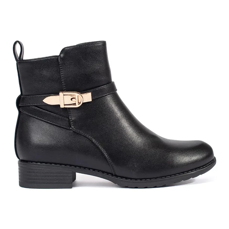 Botines de mujer negros con tacón bajo y tira decorativa