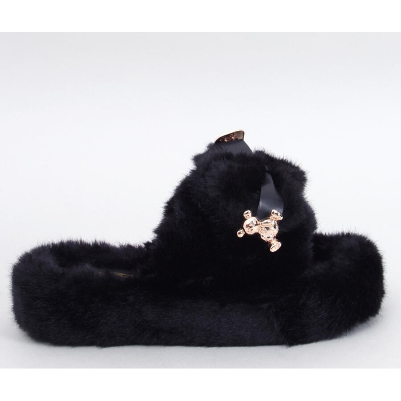 Pantuflas de pelo con lazo y osito Burano Negro - Inello