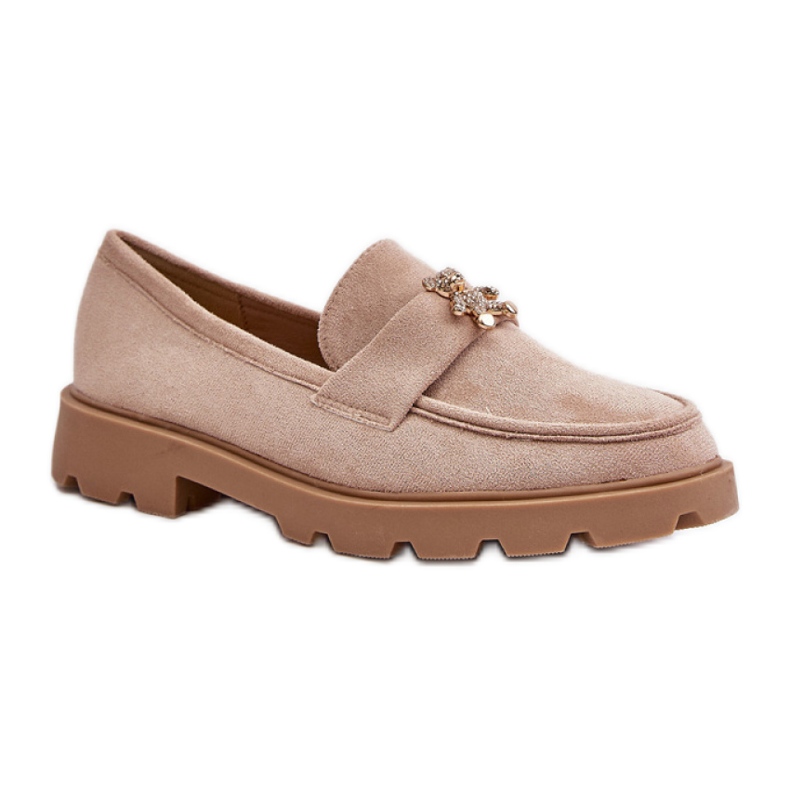 Mocasines de mujer de ante beige con osito Mocasines de mujer de ante beige con osito