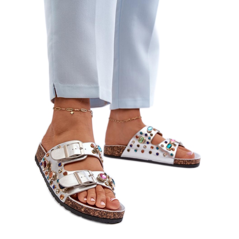 S.Barski Chanclas de Mujer Decoradas con Hebillas Plateadas plata