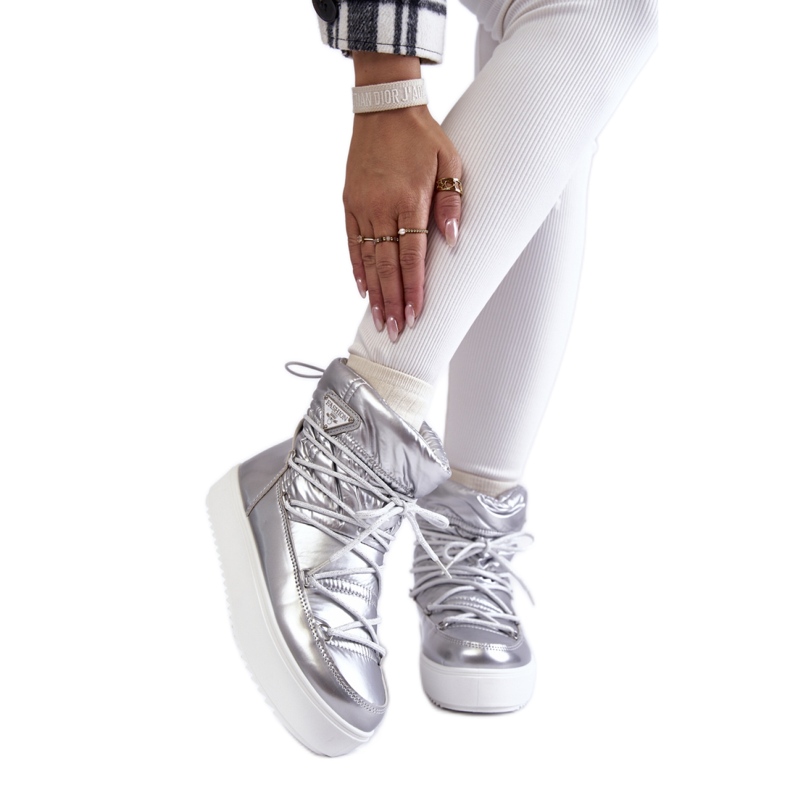 Botas de nieve plateadas con plataforma y cordones para mujer gris Botas de nieve plateadas con plataforma y cordones para mujer gris