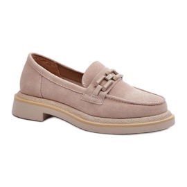 S.Barski Mocasines de mujer beige con adorno en tacón plano. S.Barski Mocasines de mujer beige con adorno en tacón plano.