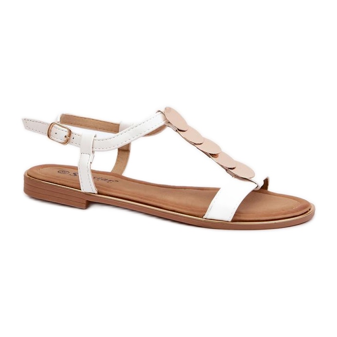 Sandalias planas de mujer con decoración dorada. blanco