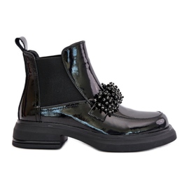 Botines de charol de piel con decoración, sin cordones con aislamiento, Negro Solimav
