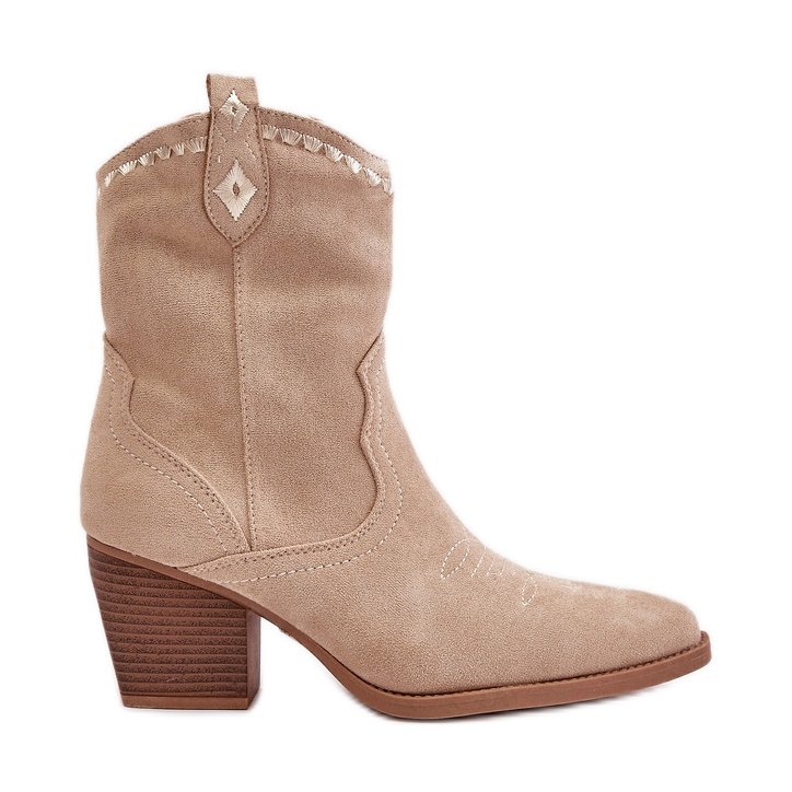 Botas cowboy con tacón alto confeccionadas en ante ecológico, beige claro Narinae Botas cowboy con tacón alto confeccionadas en ante ecológico, beige claro Narinae