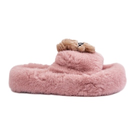 Pantuflas De Mujer De Piel Con Osito De Peluche, Rosa Rumania