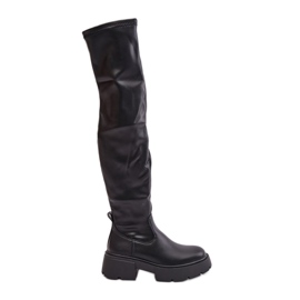 Botas por encima de la rodilla con plataforma y tacón plano confeccionadas en ecopiel, negro Loreviana