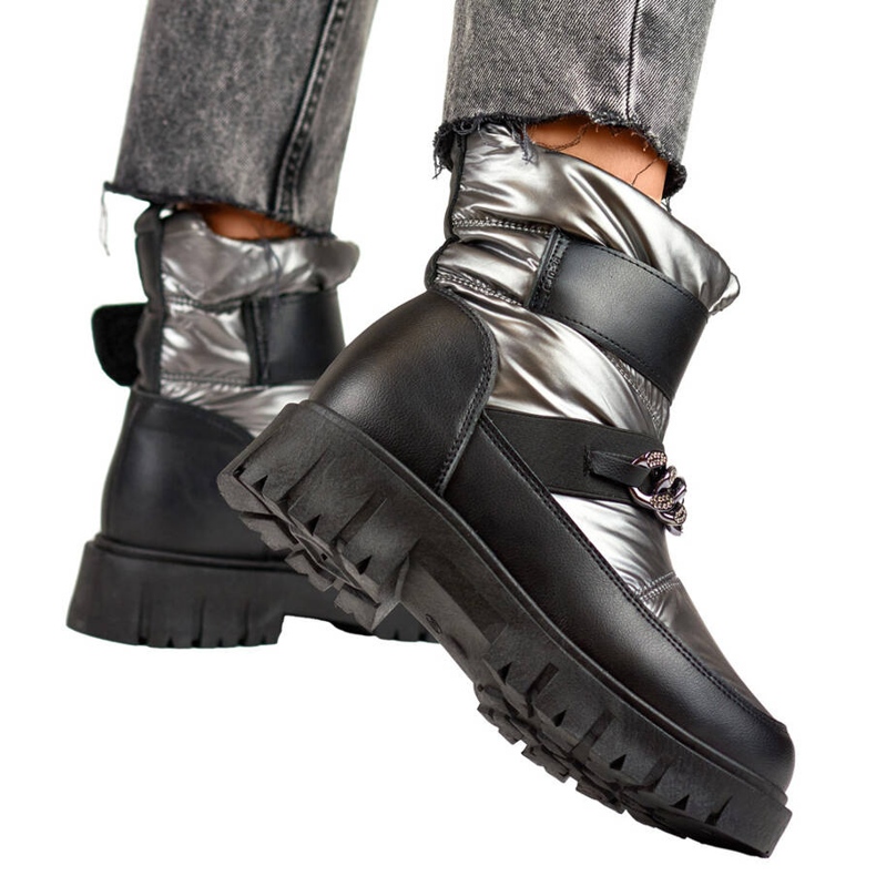 Botas de nieve mujer con cadena y velcro, plata metalizada JH-5SI Botas de nieve mujer con cadena y velcro, plata metalizada JH-5SI